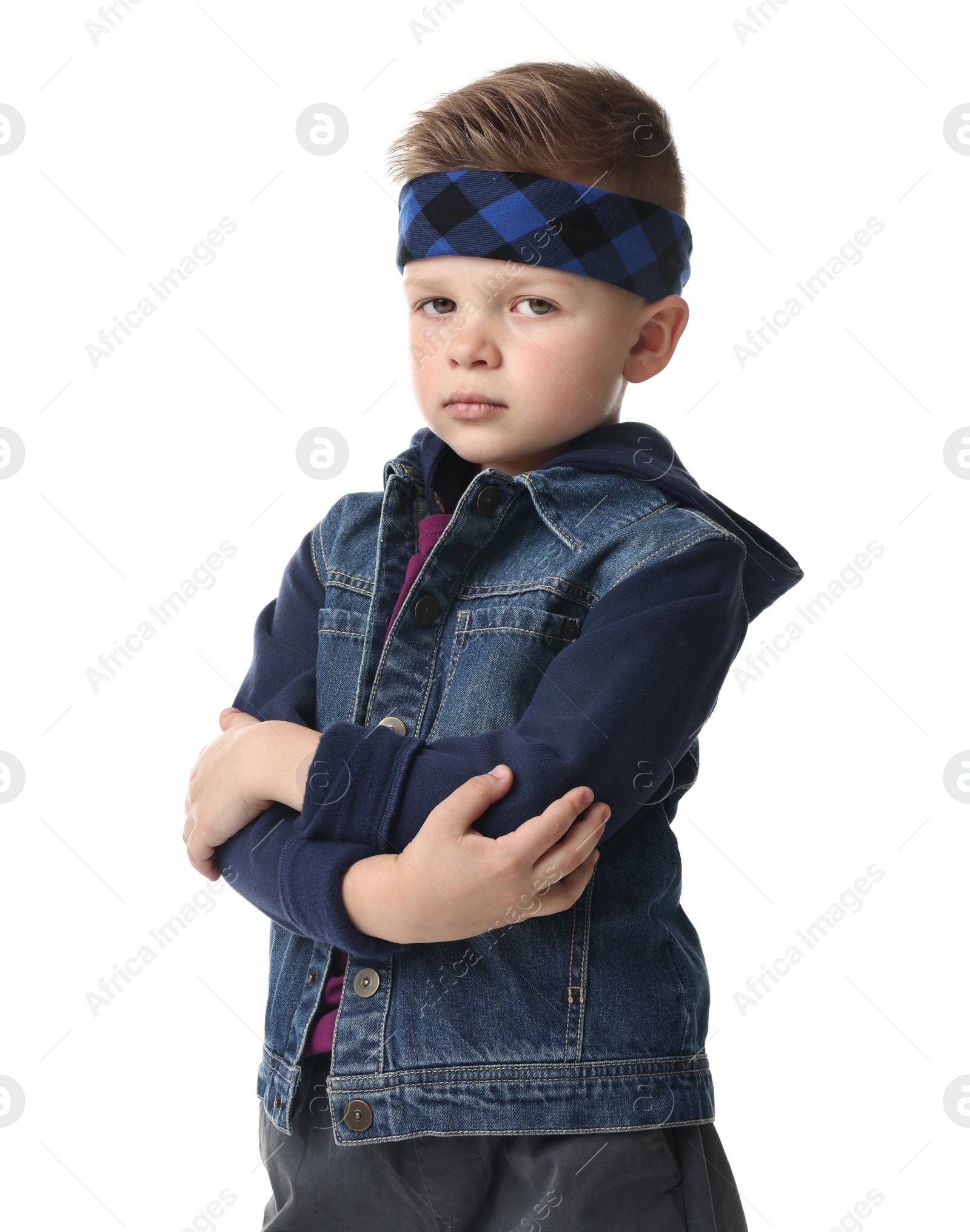 Photo of Happy little boy dancing on white background