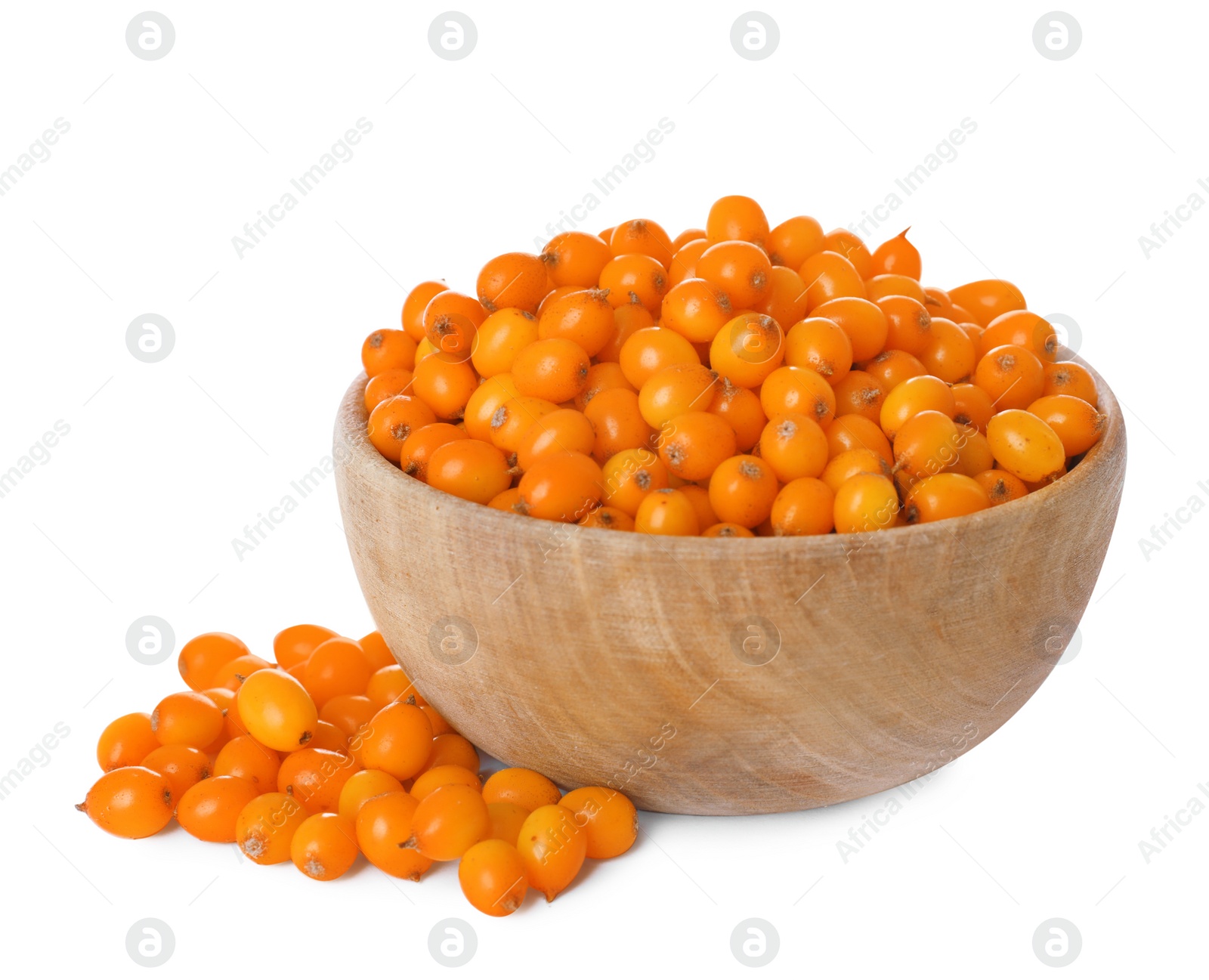 Photo of Bowl with fresh ripe sea buckthorn berries on white background