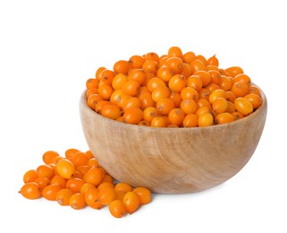 Bowl with fresh ripe sea buckthorn berries on white background