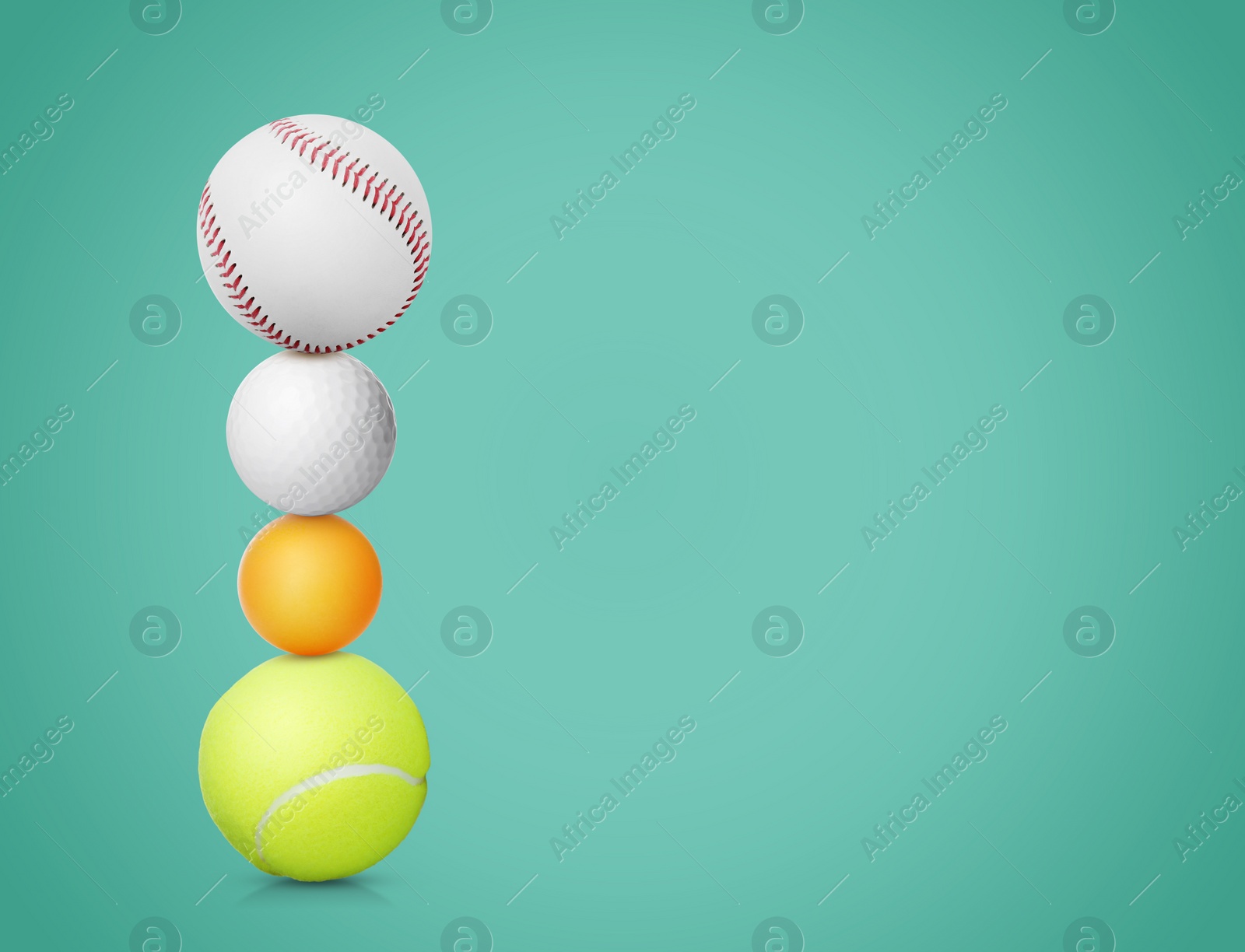 Image of Stack of different sport balls on turquoise background, space for text