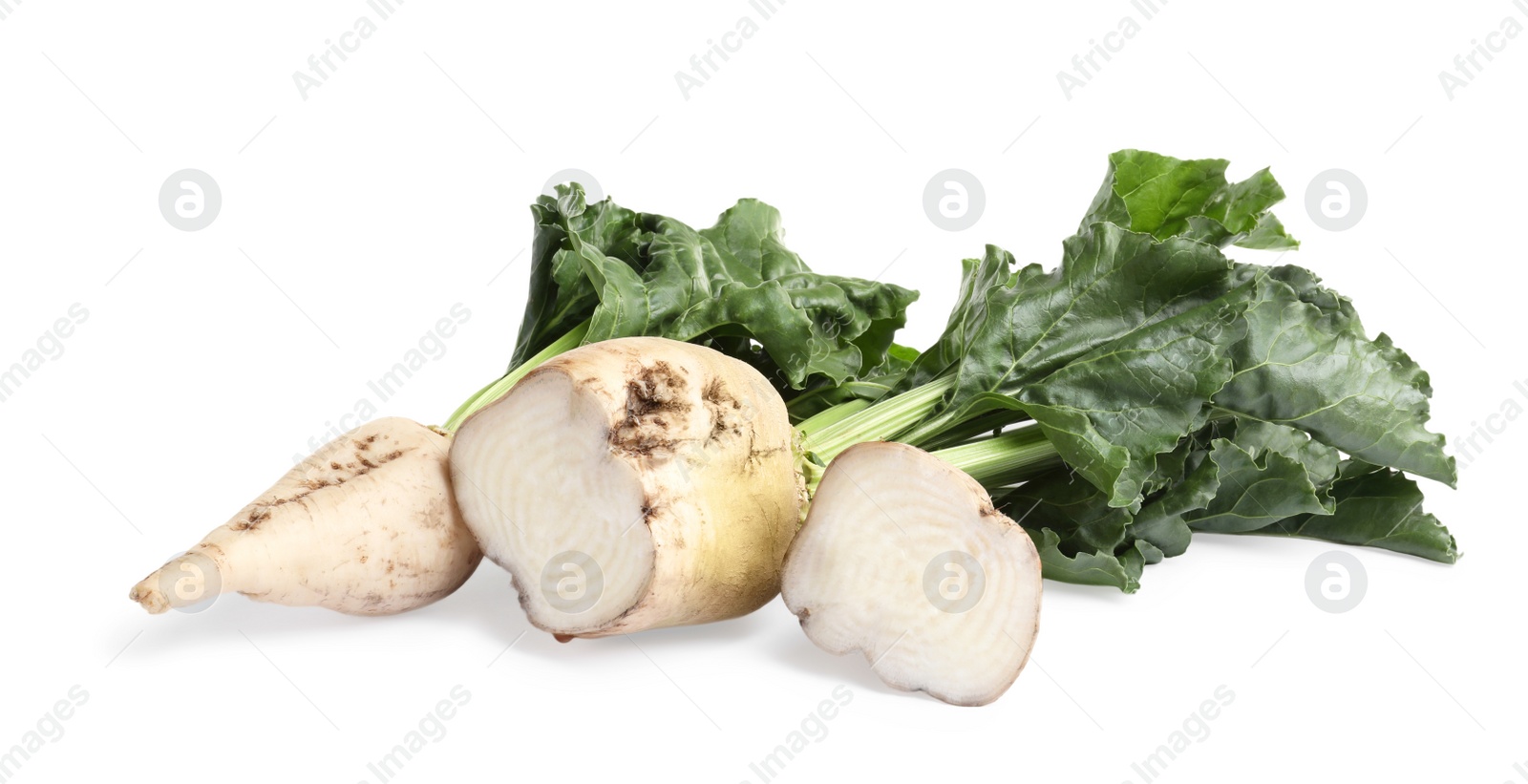 Photo of Whole and cut sugar beets on white background