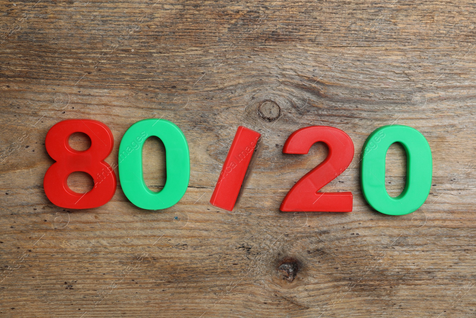 Photo of Colorful numbers 80 and 20 on wooden background, flat lay. Pareto principle concept