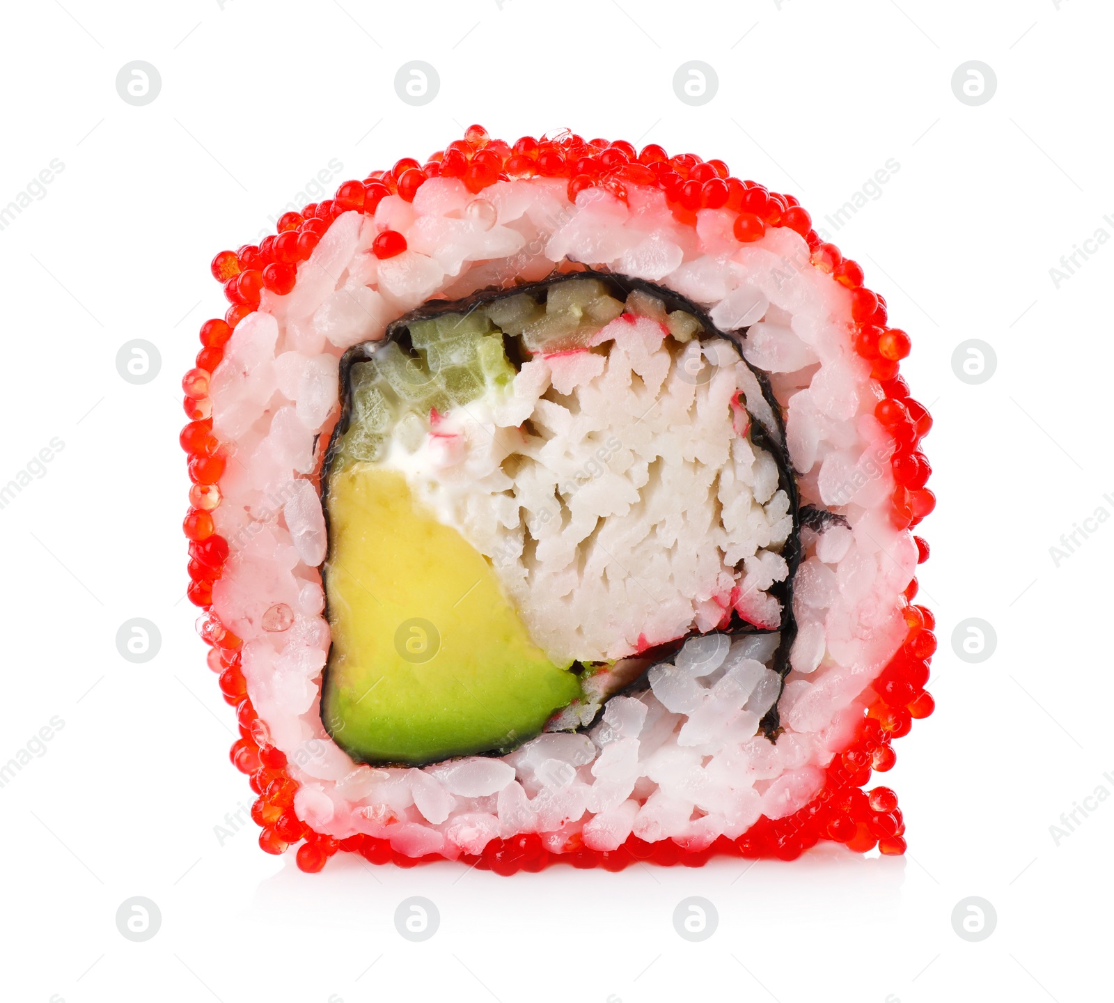 Photo of Delicious sushi roll with tobiko caviar isolated on white