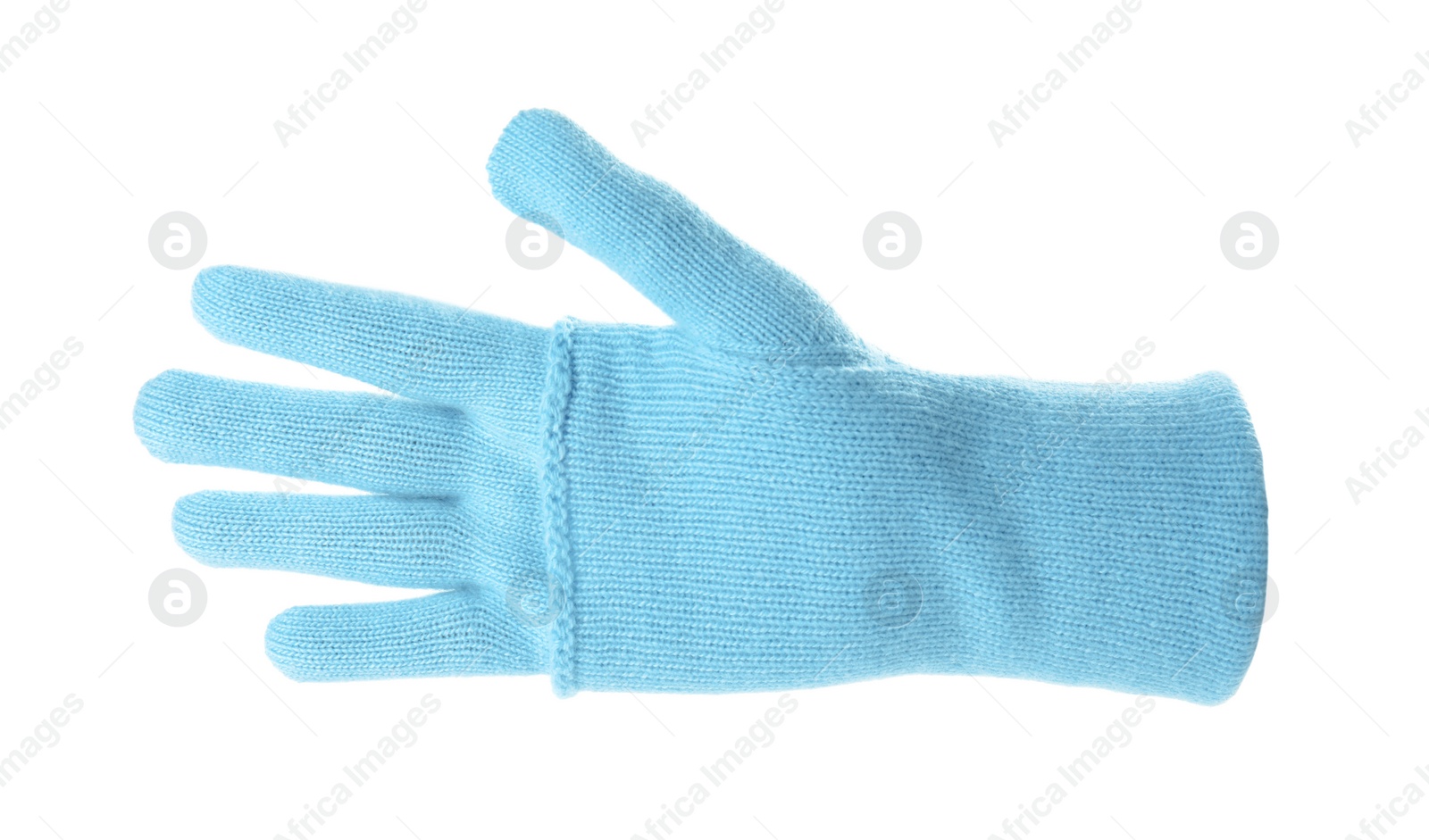 Photo of Woman wearing blue glove on white background, closeup. Autumn clothes