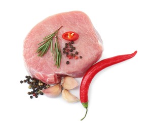 Photo of Piece of raw pork meat and spices isolated on white, top view