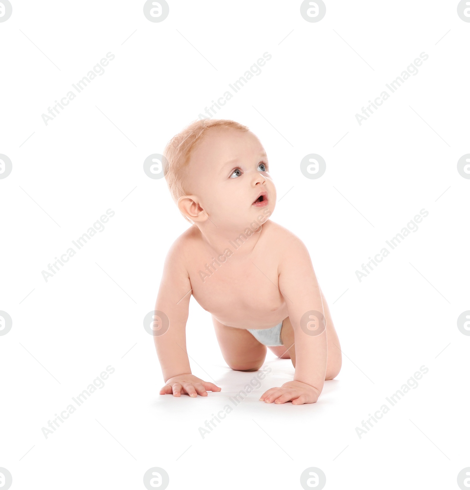 Photo of Cute little baby crawling on white background