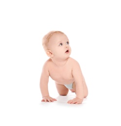 Photo of Cute little baby crawling on white background