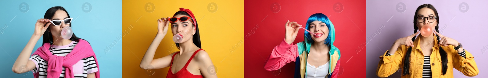 Image of Collage with photos of woman with bubblegum on color backgrounds, banner design