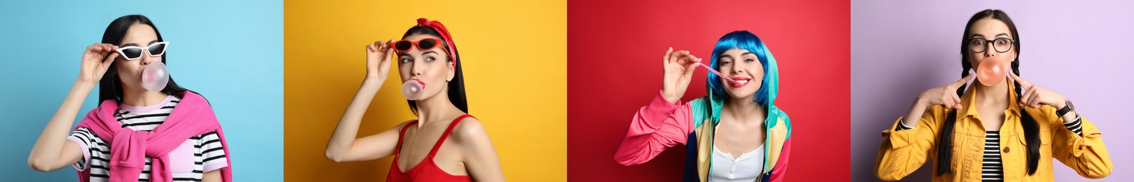 Collage with photos of woman with bubblegum on color backgrounds, banner design