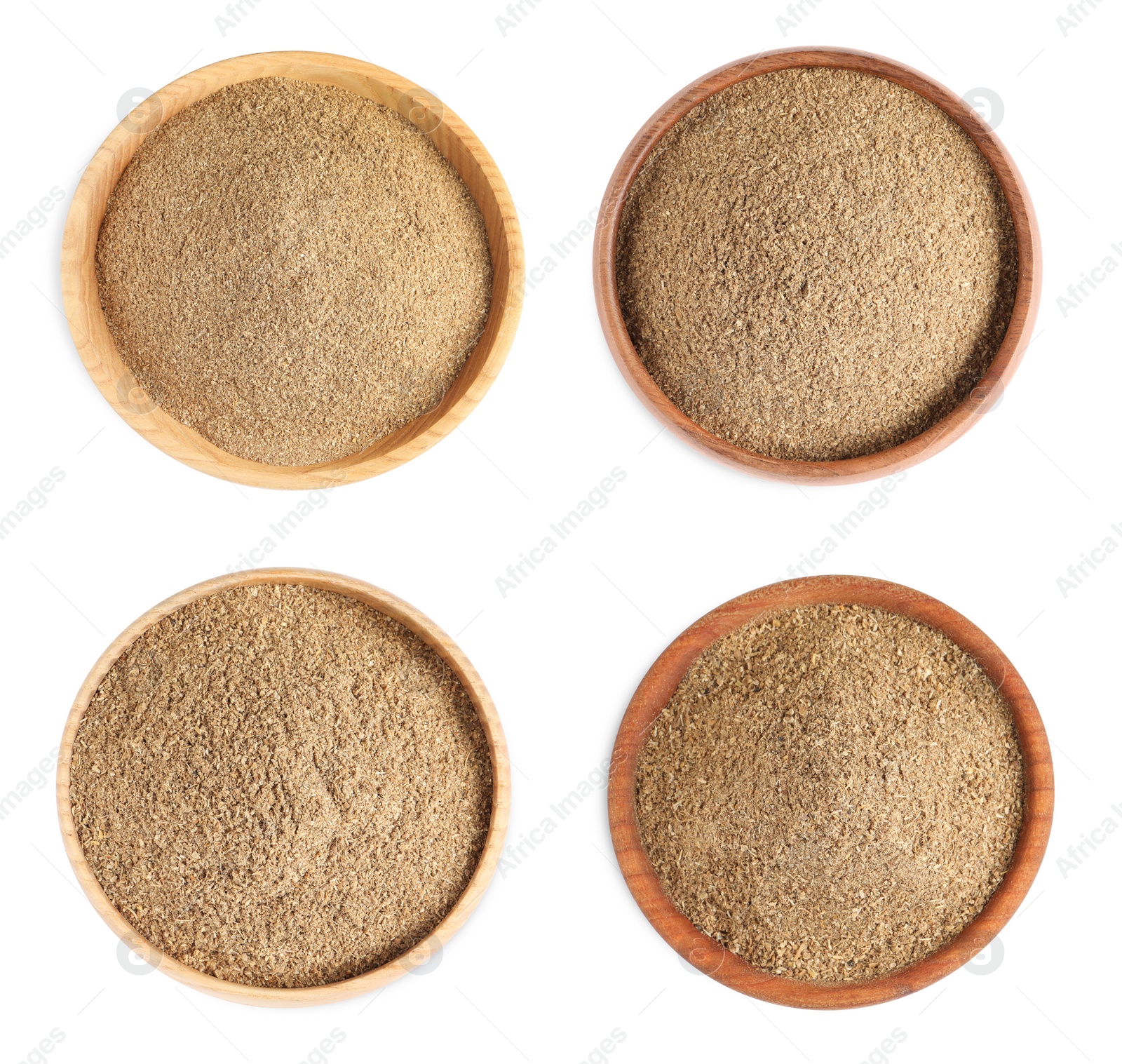 Image of Set with coriander powder on white background, top view