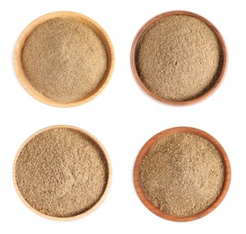 Image of Set with coriander powder on white background, top view