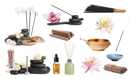 Image of Incense sticks and other items for aromatherapy on white background, collage 