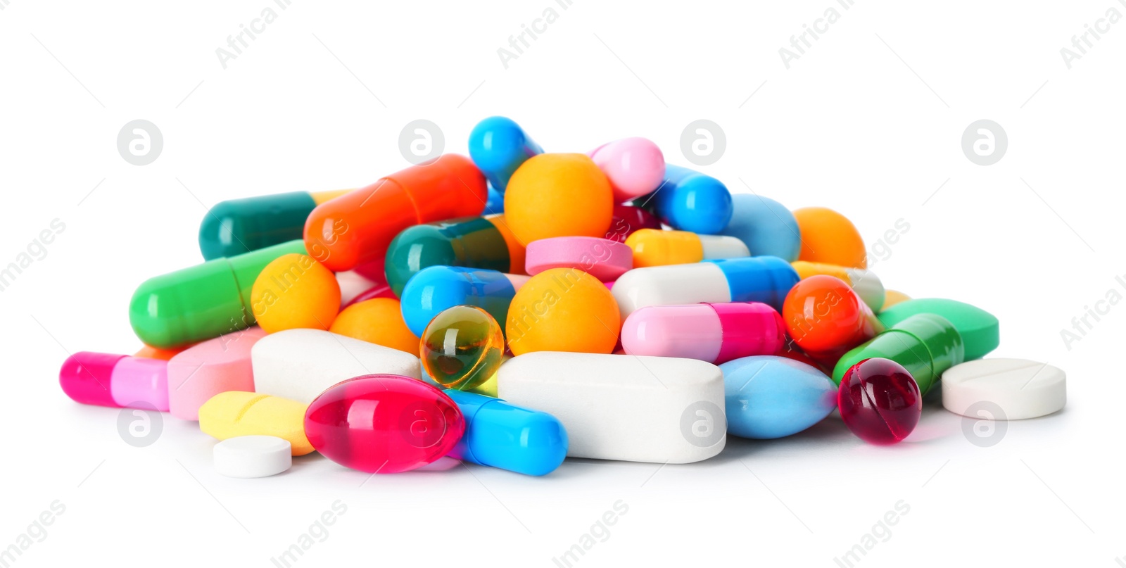 Photo of Pile of pills on white background. Medical treatment