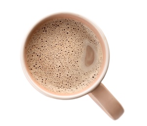 Photo of Mug with delicious hot cocoa drink on white background, top view