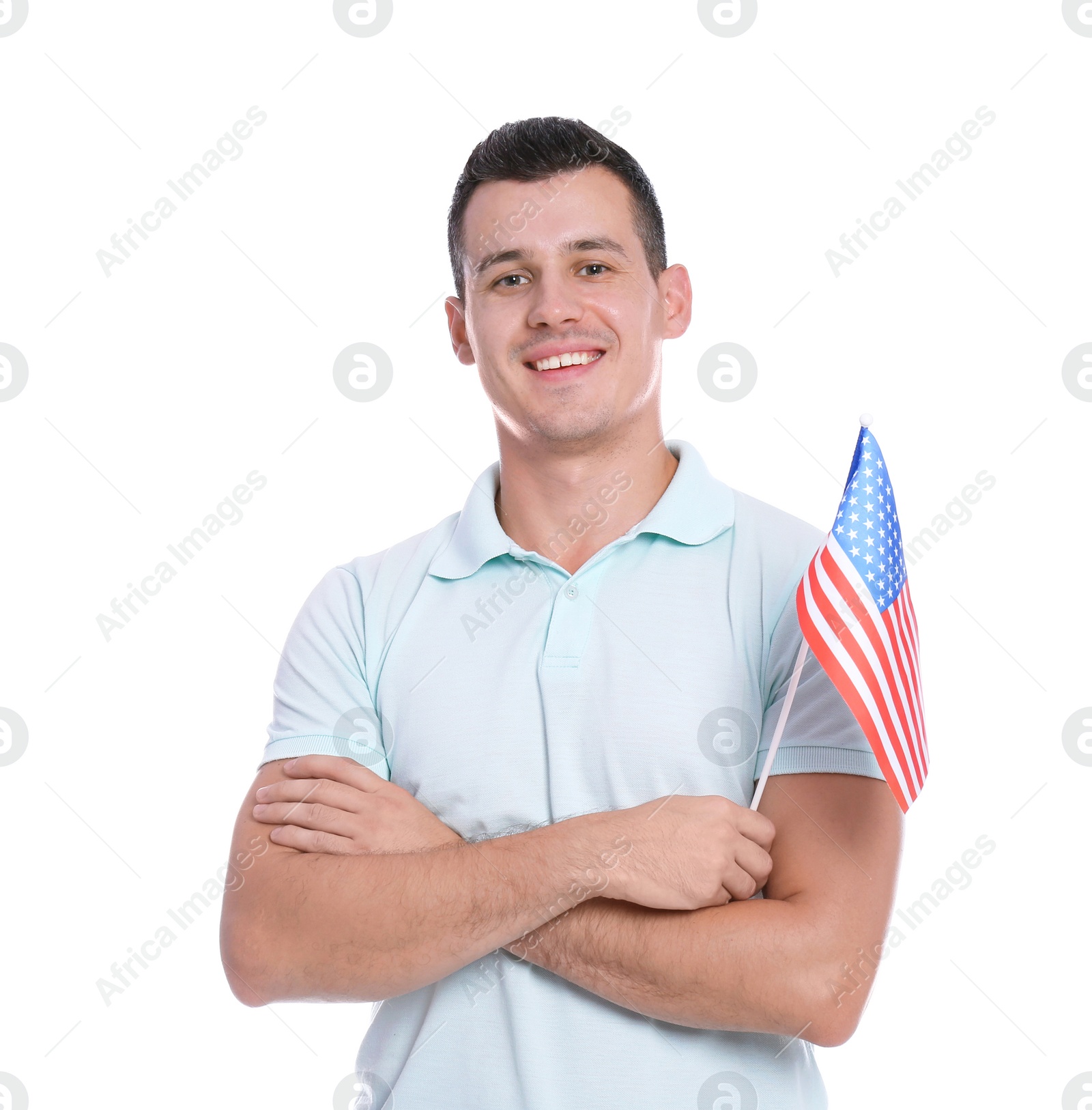 Photo of Portrait of man with American flag on white background