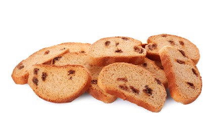 Photo of Sweet hard chuck crackers with raisins on white background