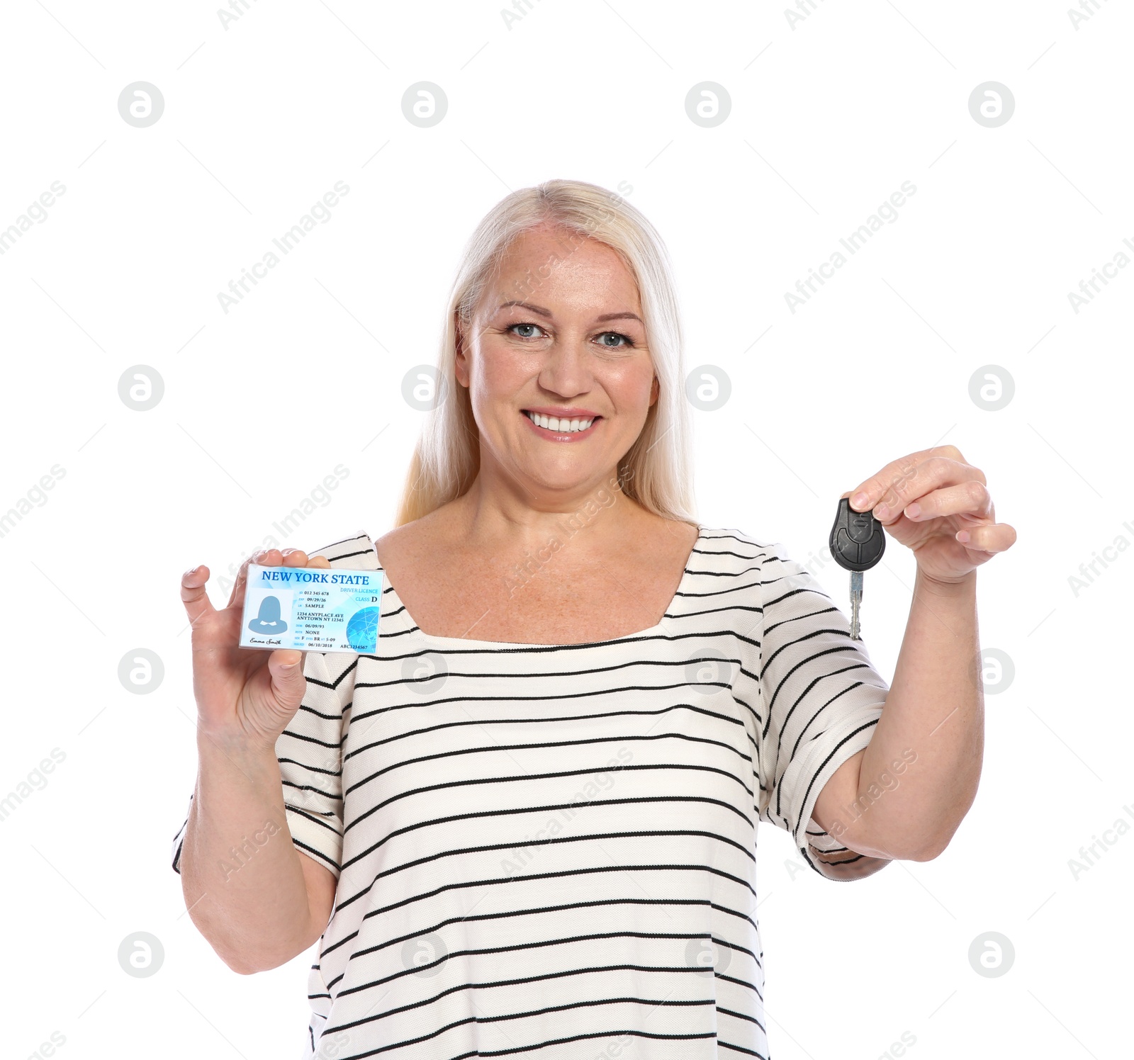 Photo of Happy mature woman with driving license and car key on white background