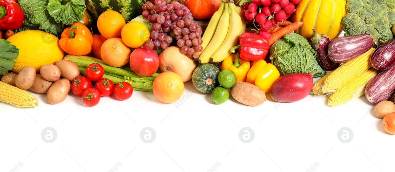 Photo of Assortment of fresh organic fruits and vegetables on white background. Banner design