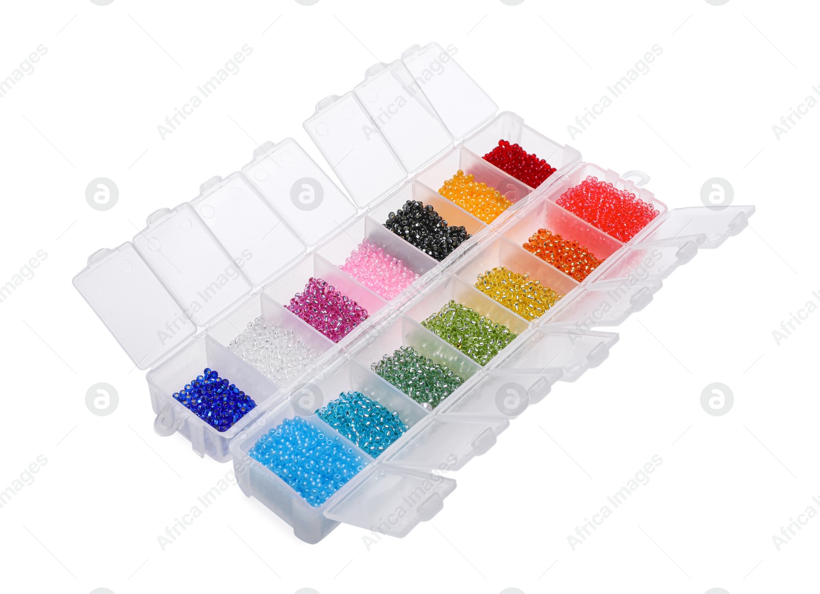 Photo of Plastic organizers with different beads on white background