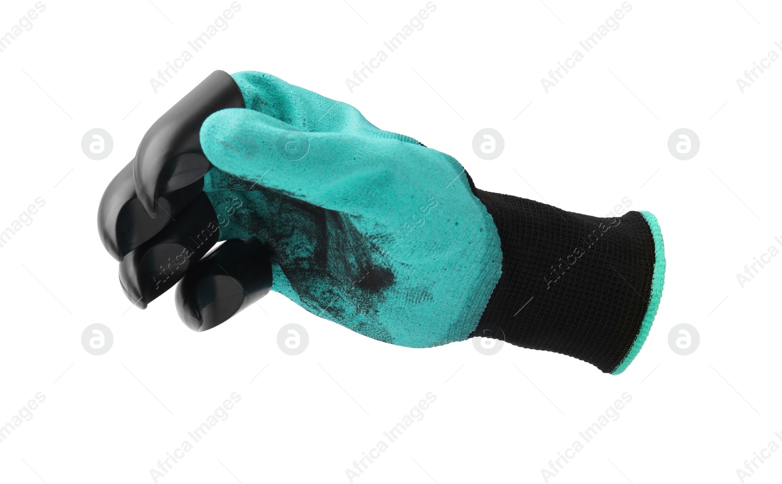 Image of One dirty gardening glove with claws isolated on white