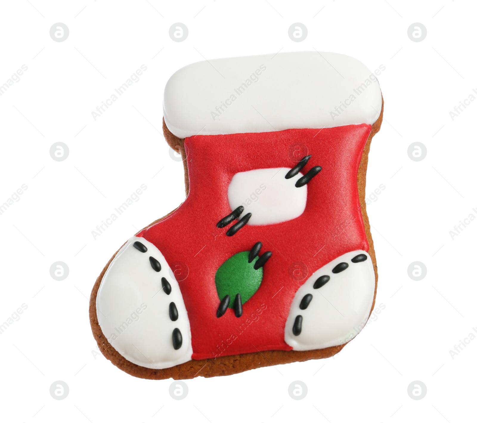 Photo of Delicious cookie in shape of Christmas stocking isolated on white