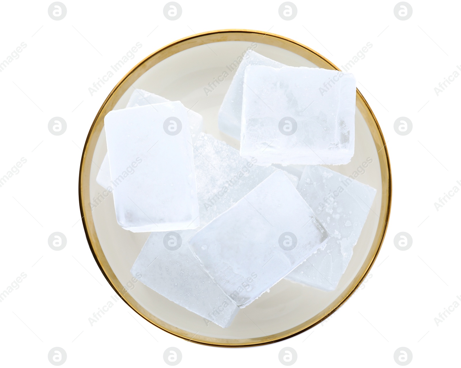 Photo of Bowl of crystal clear ice cubes isolated on white, top view