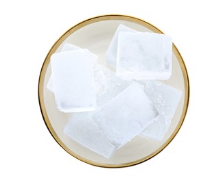 Photo of Bowl of crystal clear ice cubes isolated on white, top view