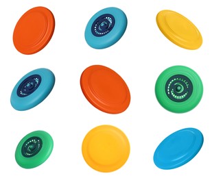 Image of Set of colorful frisbees on white background