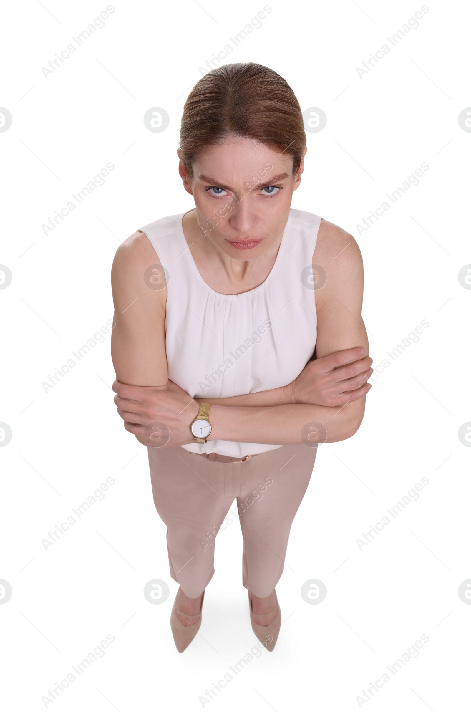 Photo of Beautiful businesswoman on white background, above view