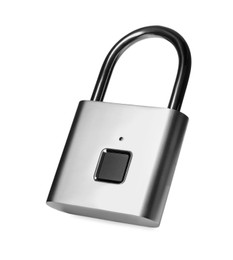 Steel fingerprint padlock isolated on white. Safety concept