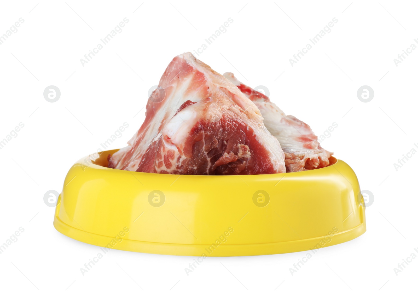 Photo of Raw meaty bones in feeding bowl on white background
