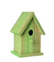 Beautiful green wooden bird box isolated on white