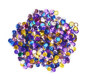 Photo of Pile of colorful sequins on white background, top view