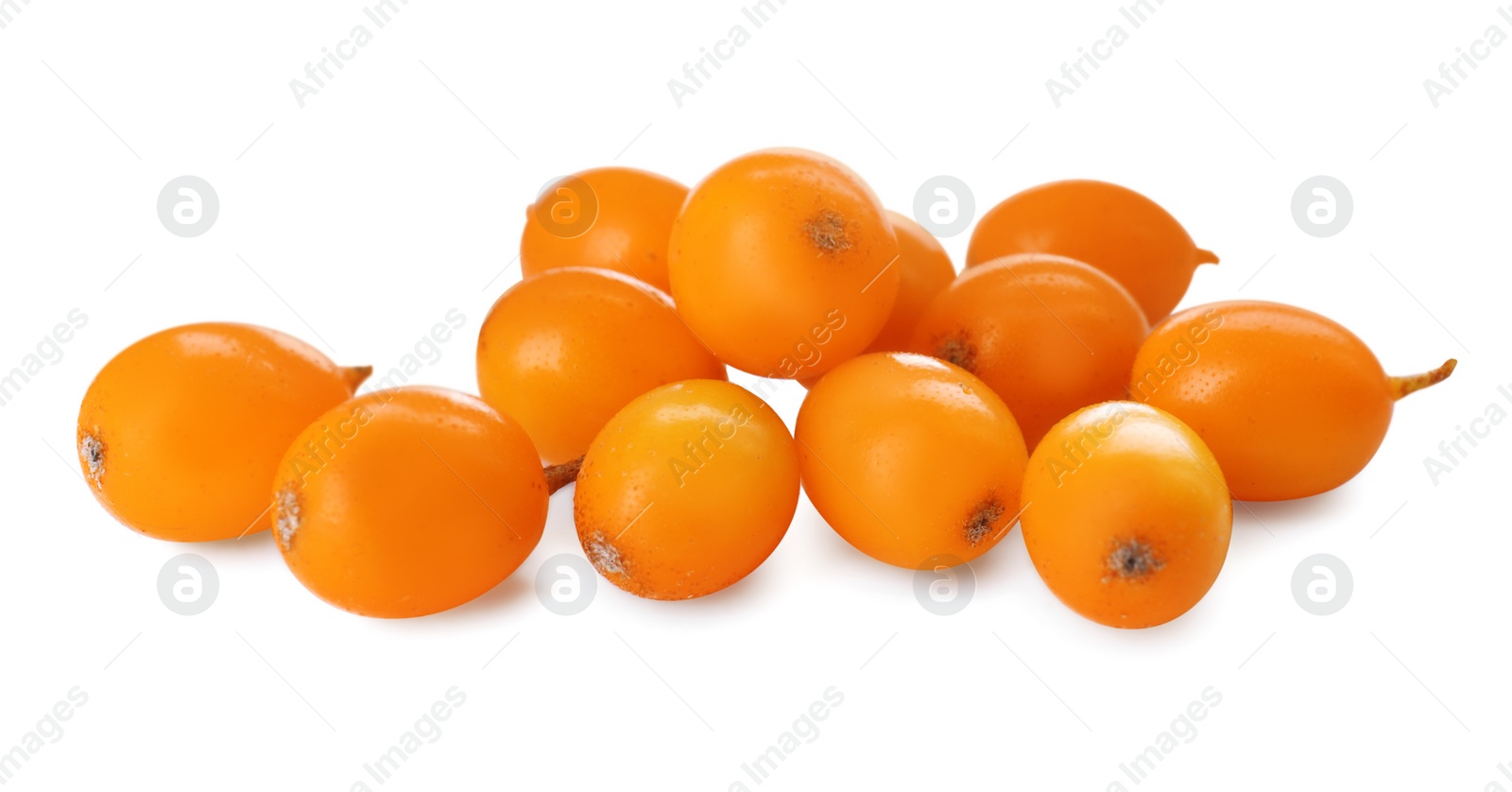 Photo of Pile of fresh ripe sea buckthorn berries on white background