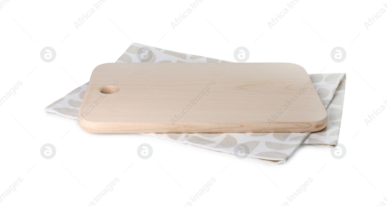 Photo of Wooden cutting board and kitchen towel isolated on white