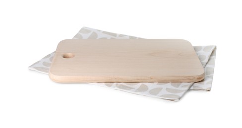 Photo of Wooden cutting board and kitchen towel isolated on white