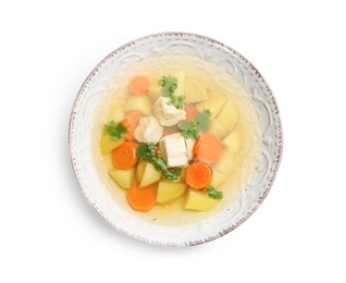 Photo of Dish with fresh homemade chicken soup on white background, top view