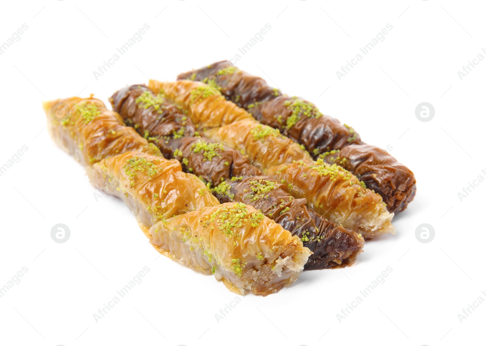 Photo of Delicious sweet baklava with pistachio nuts on white background