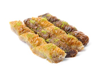 Photo of Delicious sweet baklava with pistachio nuts on white background