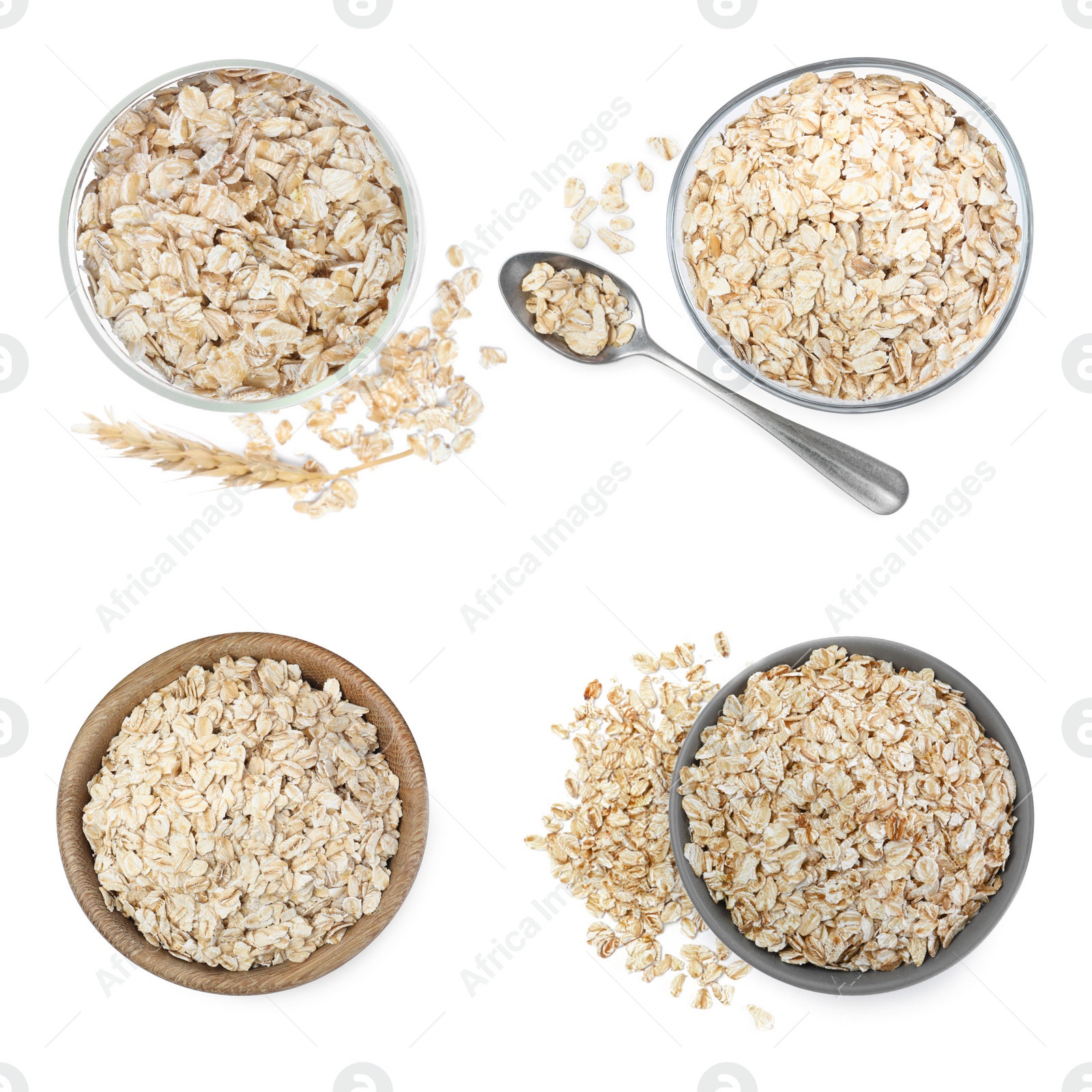 Image of Set with uncooked oatmeal on white background, top view