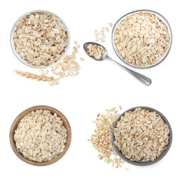 Image of Set with uncooked oatmeal on white background, top view