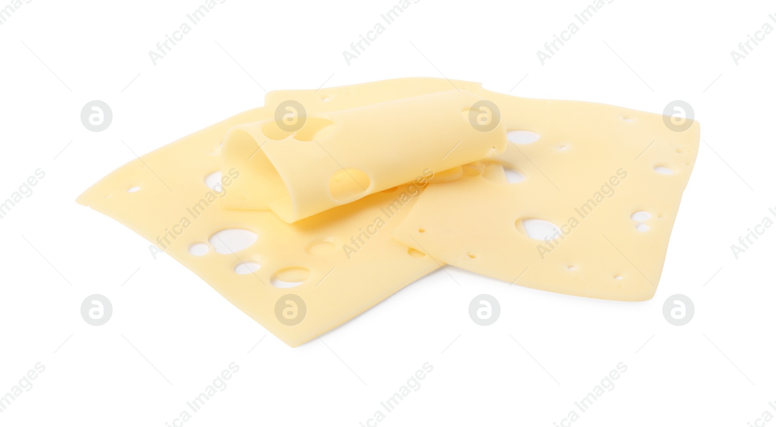 Photo of Slices of tasty fresh cheese isolated on white