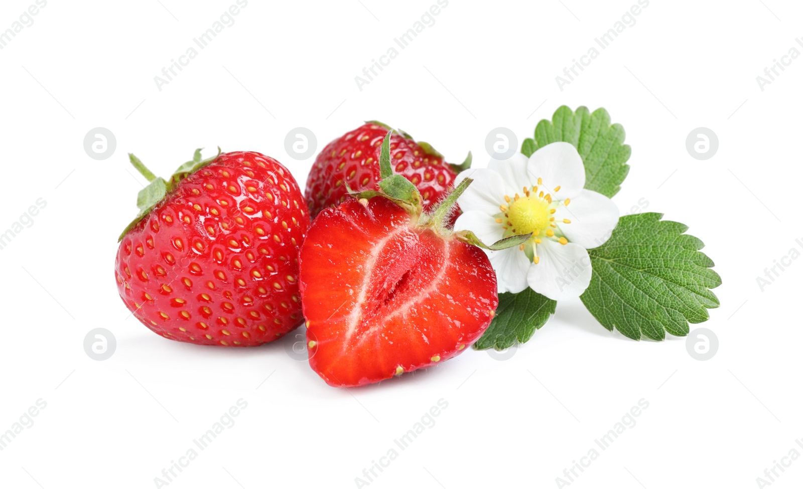 Photo of Sweet fresh ripe strawberries with green leaves on white background