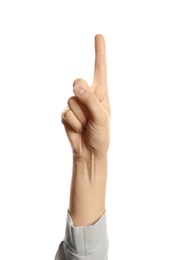 Photo of Young woman with raised index finger on white background