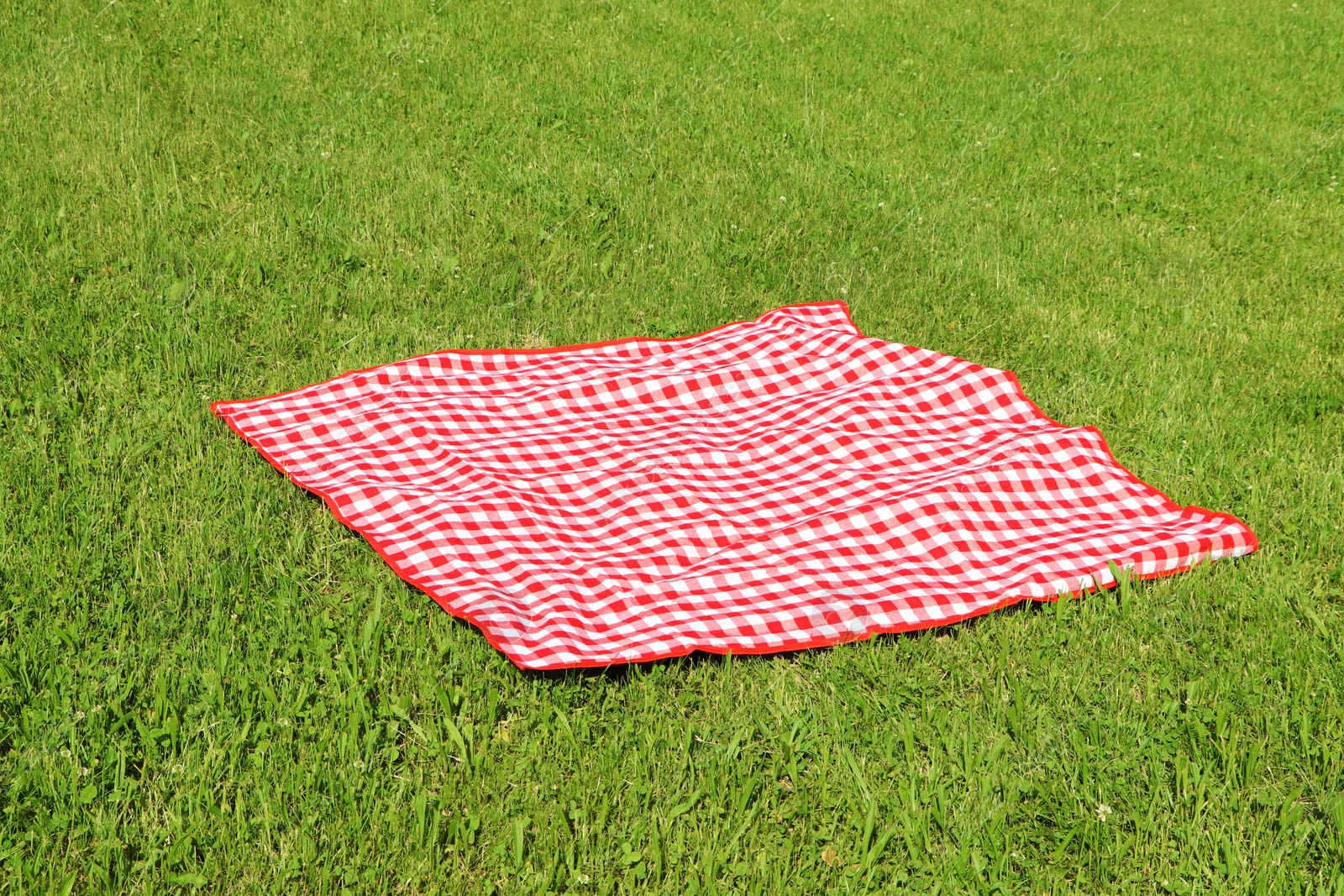 Photo of Checkered picnic tablecloth on fresh green grass outdoors