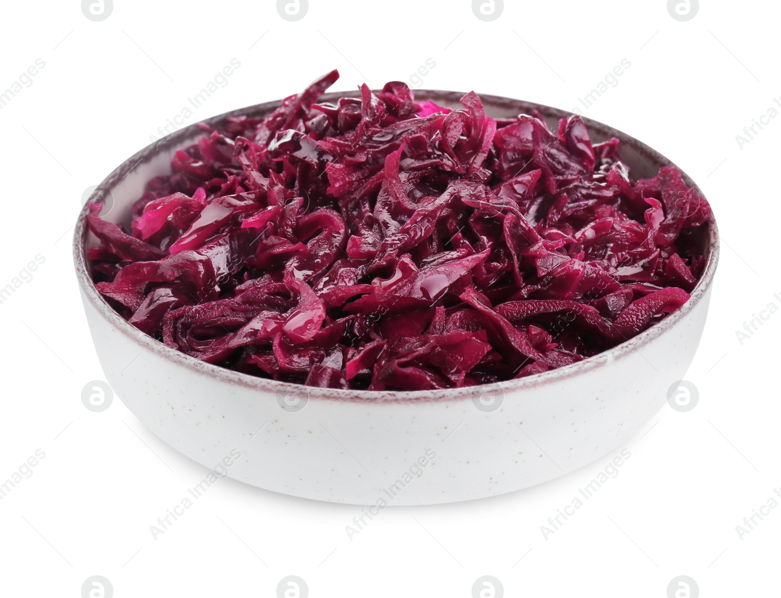 Photo of Bowl of tasty red cabbage sauerkraut isolated on white