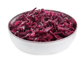 Photo of Bowl of tasty red cabbage sauerkraut isolated on white