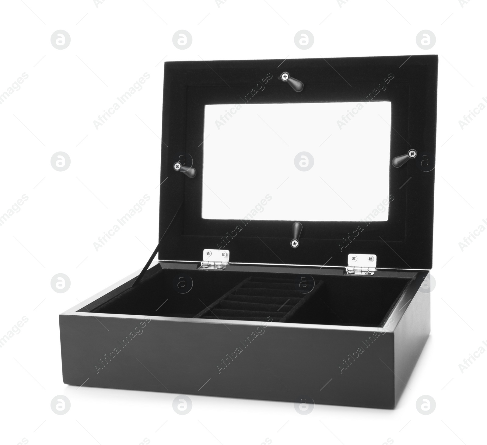 Photo of Empty stylish jewelry box isolated on white