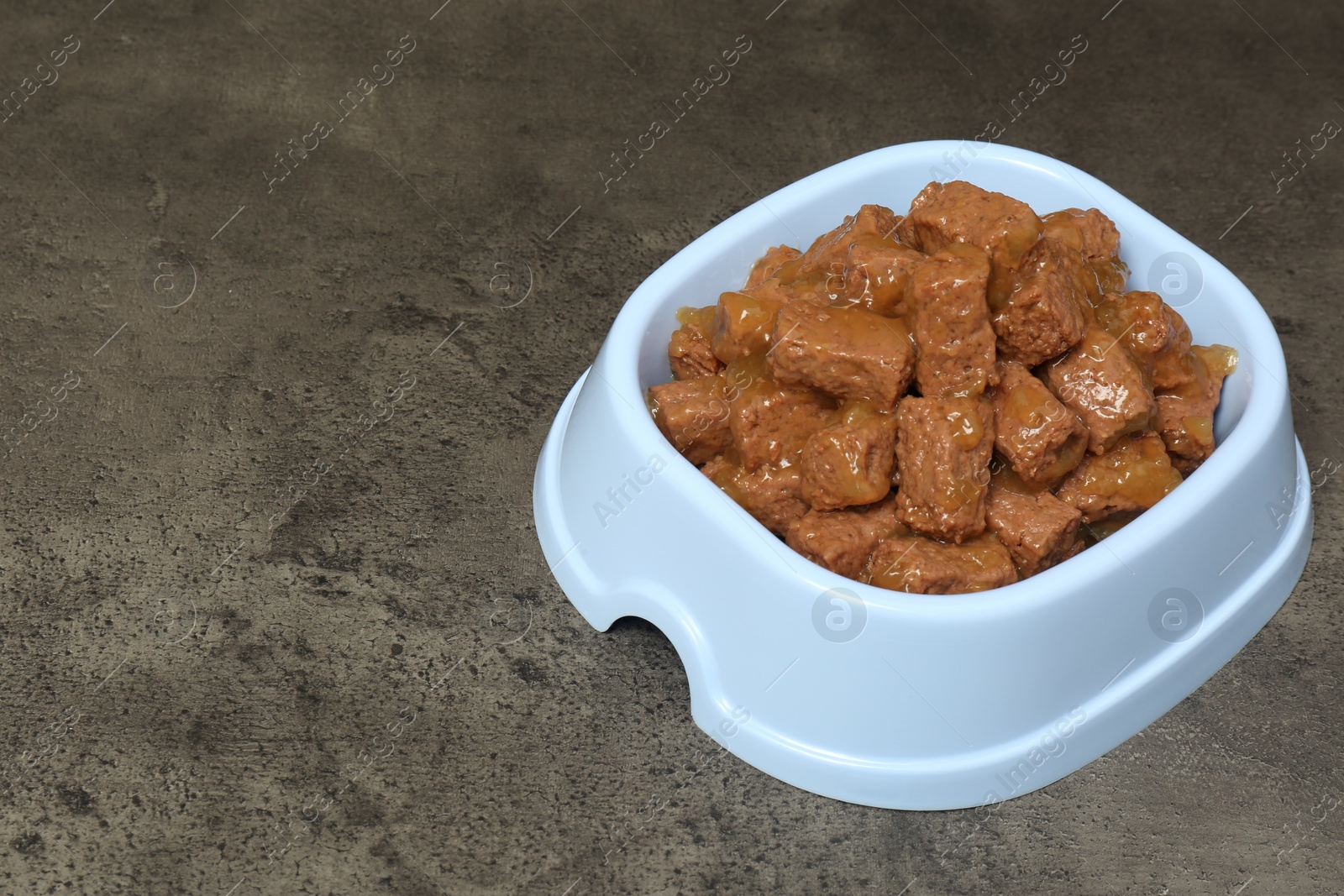 Photo of Wet pet food in feeding bowl on grey stone background, space for text