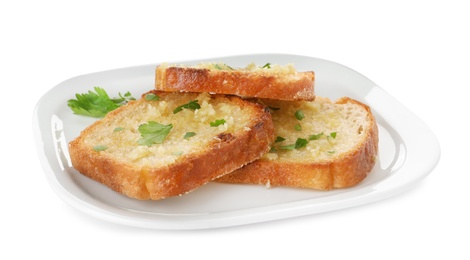 Photo of Slices of toasted bread with garlic and herb on white background